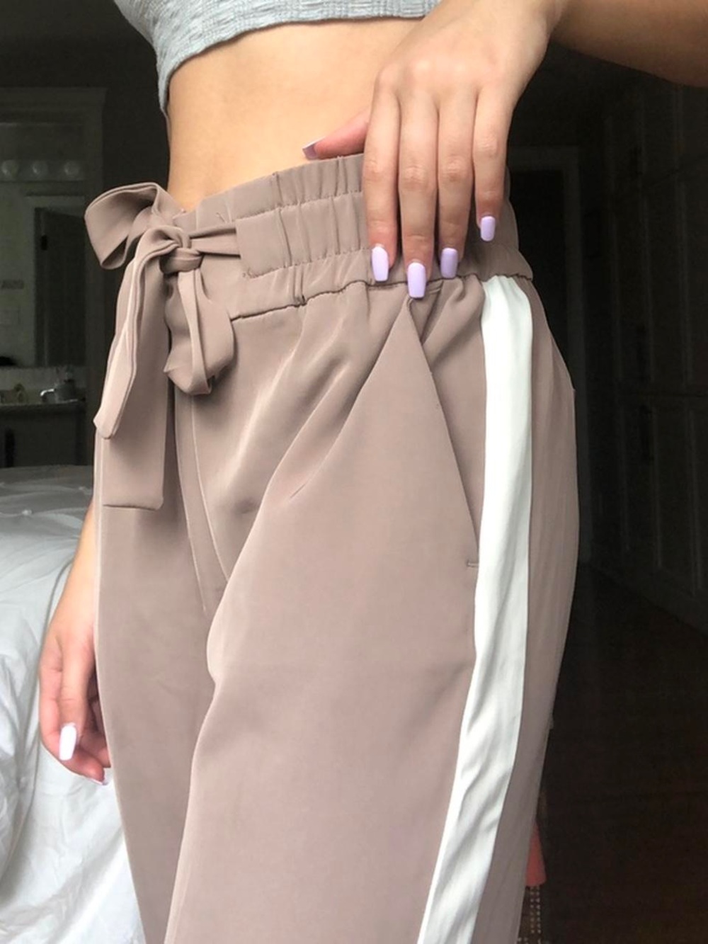 Dynamite High-Waist Taupe Paperbag Tie-Waist Pants with White Side Stripe Size M